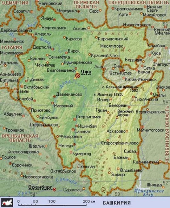 Географическая карта Башкирии