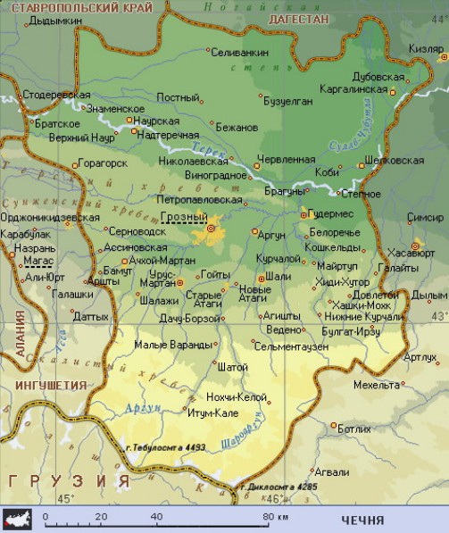 Географическая карта Чечни