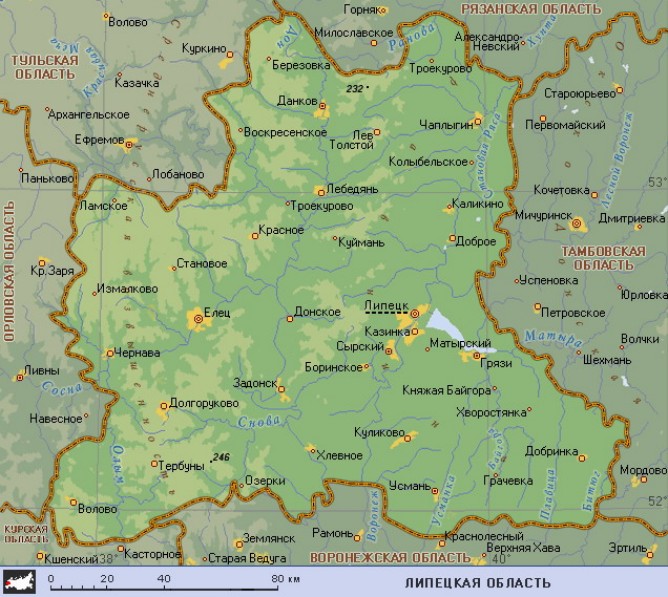 Географическая карта Липецкой области