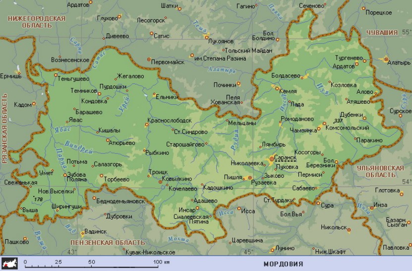 Географическая карта Мордовии
