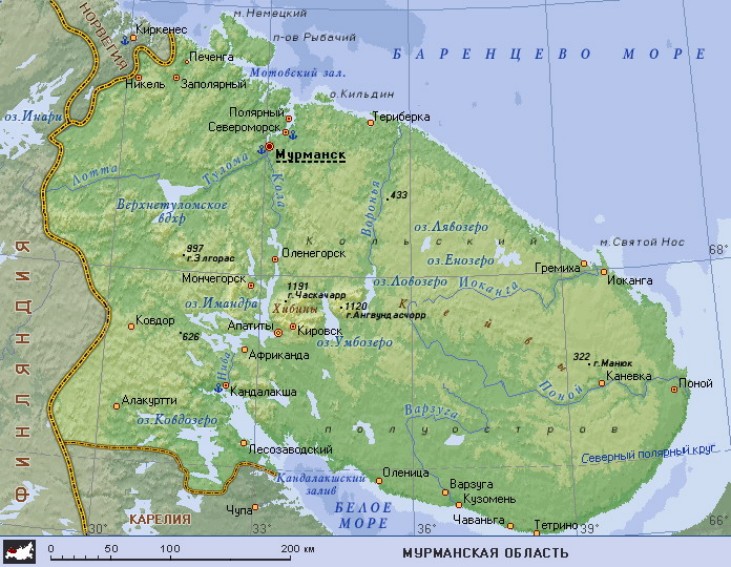 Географическая карта Мурманской области