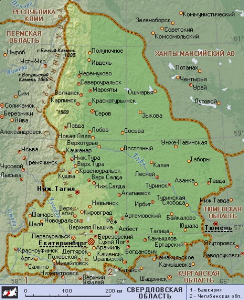 Географическая карта Свердловской области