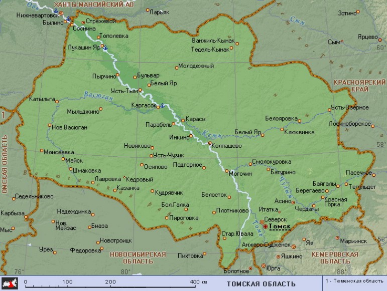 Карта Томской области содержит информацию о населенных пунктах