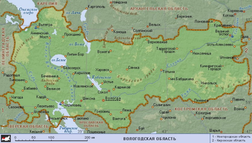 Географическая карта Вологодской области